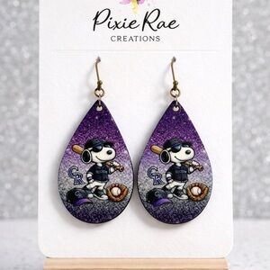 Colorado Rockies Purple Snoopy Baseball Teardrop Earrings